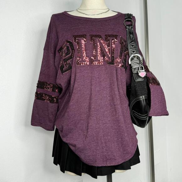 Victoria’s Secret Pink Sequin Spell Out Jersey Style Top Shirt Oversized Medium - Picture 1 of 7
